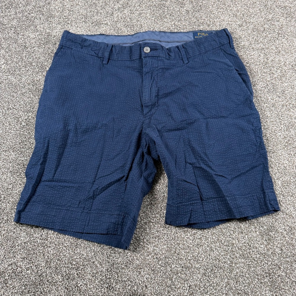 Polo Ralph Lauren Shorts Men's 33x8.5 Navy Blue Seersucker Stretch Straight Fit
